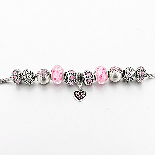 Long Way Silver Tone Chain Pink Crystal Love Heart Bead Glass Charm Bracelet With Extender 7.5"+1.5" … (201)