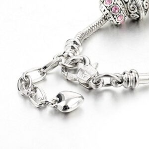 Long Way Silver Tone Chain Pink Crystal Love Heart Bead Glass Charm Bracelet With Extender 7.5"+1.5" … (201)