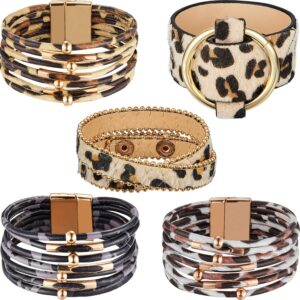 Hicarer 5 Pieces leopard bracelet Leopard Tube Bracelet Multilayer Leather Cuff Bracelet Boho Leopard print Wrap Bracelet for women