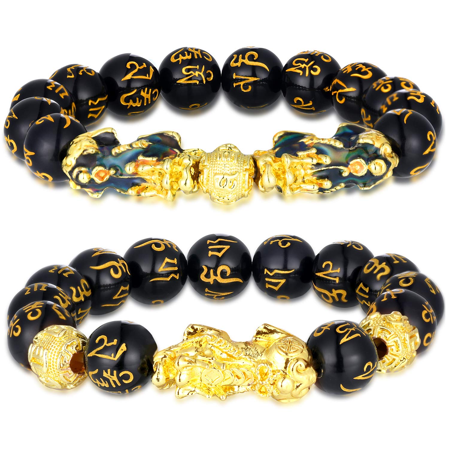 2 Pieces 12 mm Feng Shui Bead Bracelet Chinese Bracelet with Hand Carved Black Amulet Bead Bracelet Pi Xiu for Attracting Wealth and Good Luck for Women Men (Two Thermochromism One Gold)