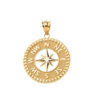 Certified 14k Yellow Gold Round Compass Navigation Starburst Pendant