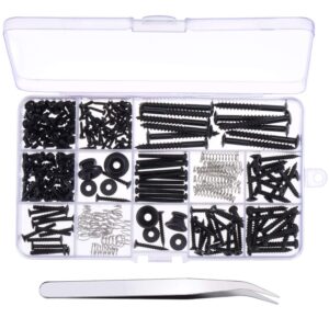 canomo 254 pieces electric guitar screw kit (9 types) with springs for electric guitar bridge, pickup, pickguard, tuner, switch, neck plate, guitar strap buttons and a elbow tweezers, black