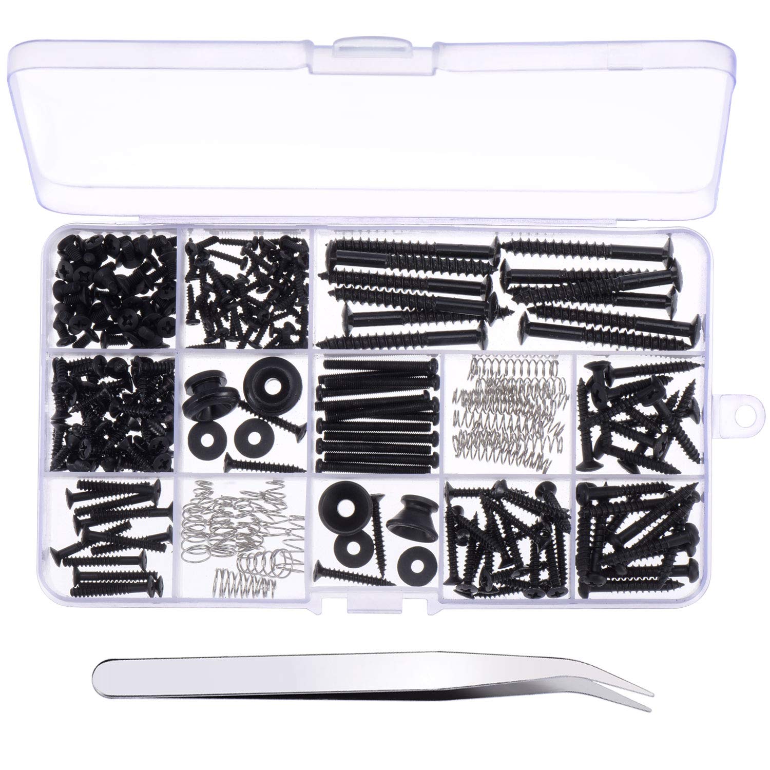 Canomo 254 Pieces Electric Guitar Screw Kit (9 Types) with Springs for Electric Guitar Bridge, Pickup, Pickguard, Tuner, Switch, Neck Plate, Guitar Strap Buttons and A Elbow tweezers, Black