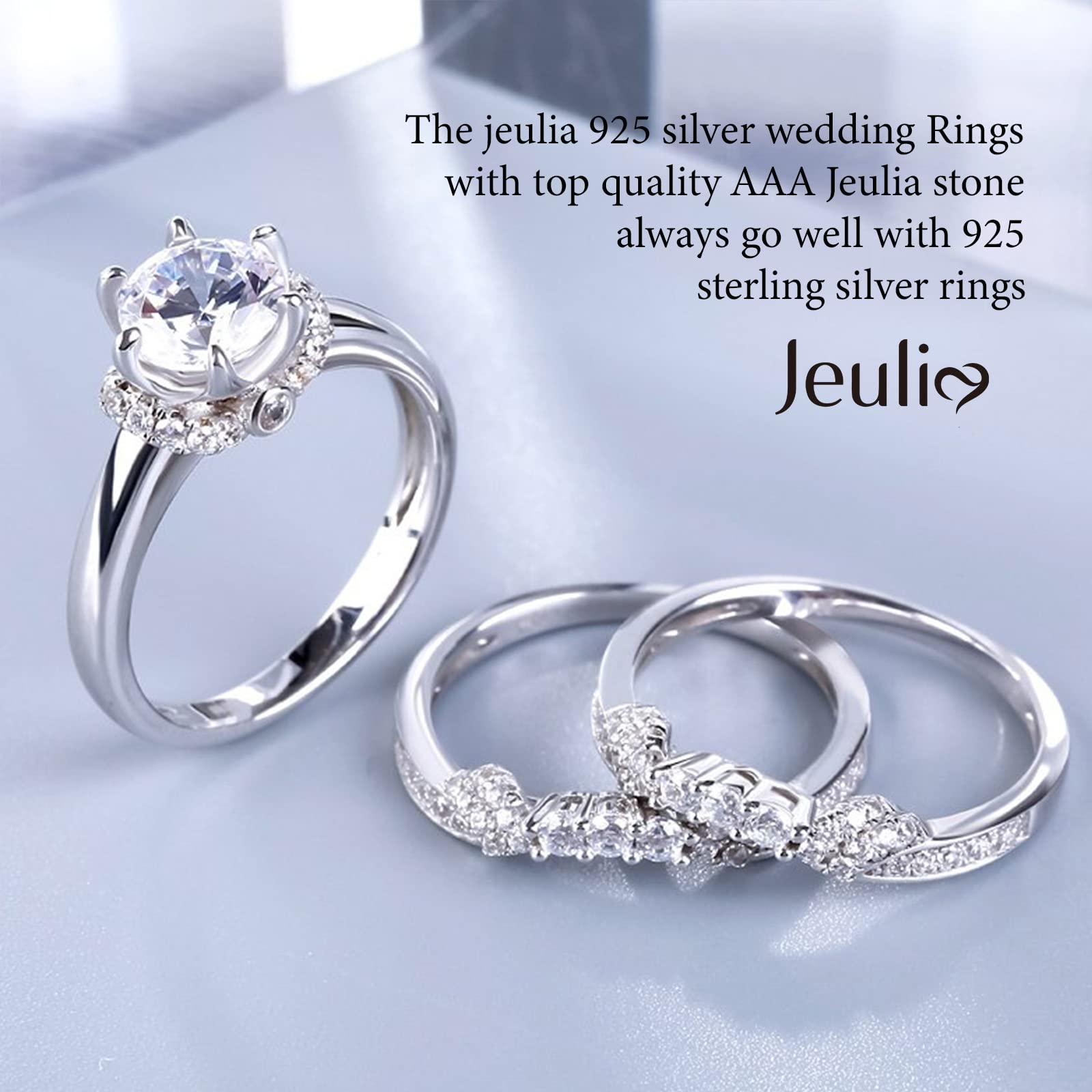 Jeulia 3PC Ladies Classic Round Cut Sterling Silver Rings Set Engagement Anniversary Wedding Band Ring Set With Jewelry Gift Box for Women (8)