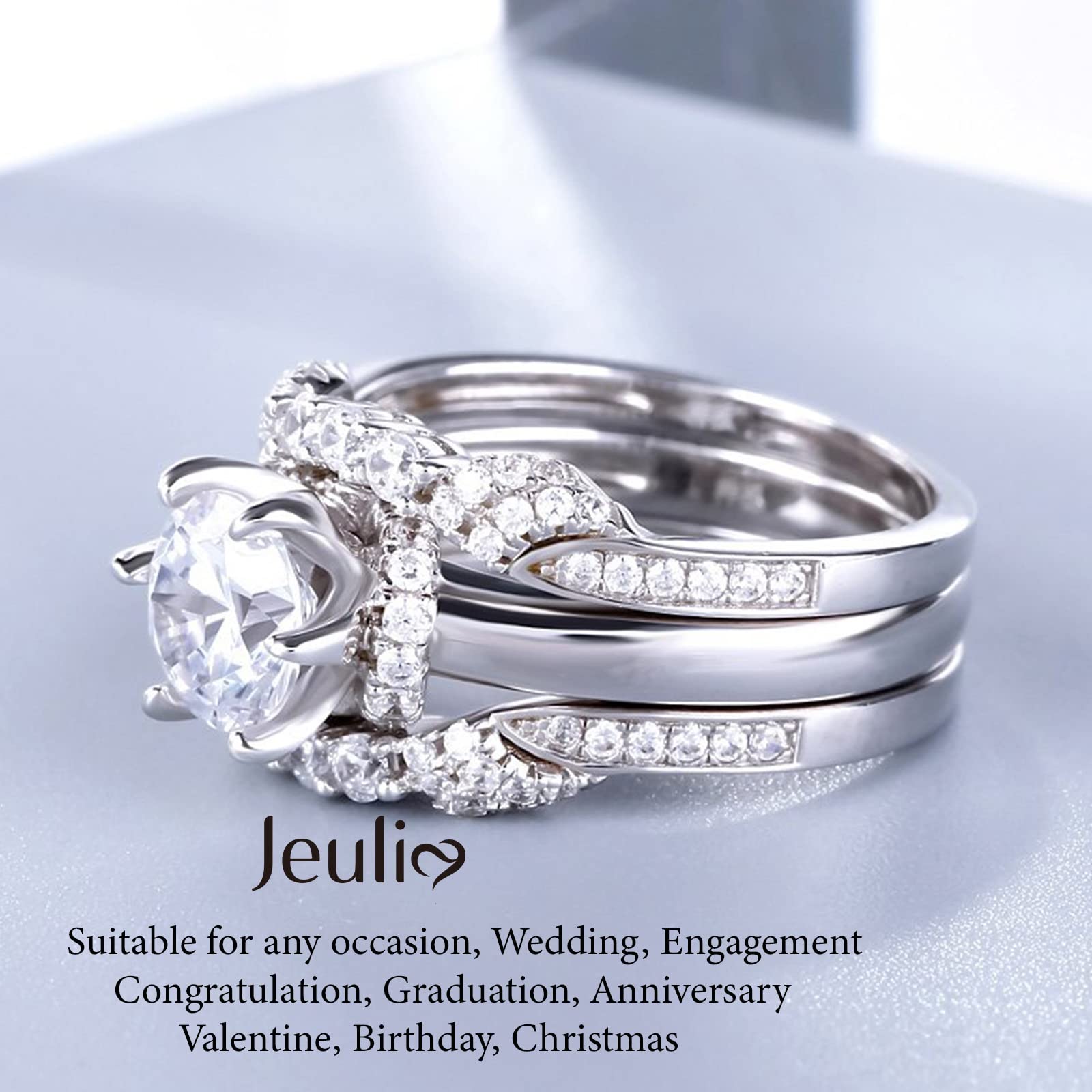 Jeulia 3PC Ladies Classic Round Cut Sterling Silver Rings Set Engagement Anniversary Wedding Band Ring Set With Jewelry Gift Box for Women (8)