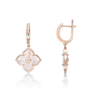 Mother of Pearl Flower Dangle Drop Earrings for Women with Cubic Zirconia in 925 Sterling Silver with Rose Gold Plating Hinged Back by Lavari Jewelers