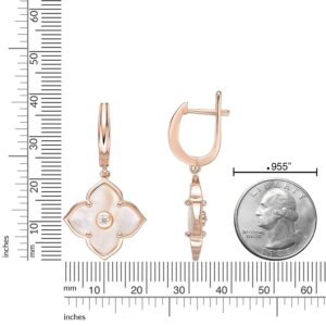 Mother of Pearl Flower Dangle Drop Earrings for Women with Cubic Zirconia in 925 Sterling Silver with Rose Gold Plating Hinged Back by Lavari Jewelers