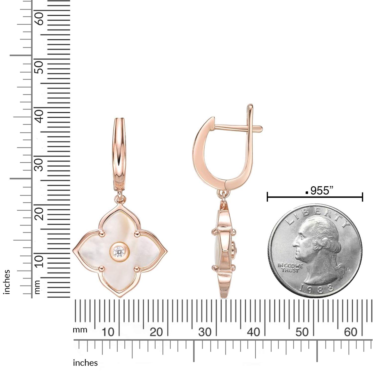 Mother of Pearl Flower Dangle Drop Earrings for Women with Cubic Zirconia in 925 Sterling Silver with Rose Gold Plating Hinged Back by Lavari Jewelers