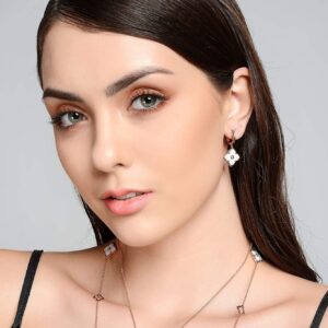 Mother of Pearl Flower Dangle Drop Earrings for Women with Cubic Zirconia in 925 Sterling Silver with Rose Gold Plating Hinged Back by Lavari Jewelers