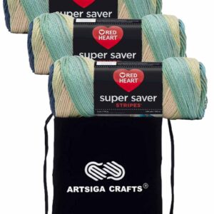 Red Heart Super Saver Sutherland Stripes E300-4381 (3-Skeins - Same Dye Lot) Worsted Medium #4 Acrylic Yarn for Crocheting and Knitting - Bundle with 1 Artsiga Crafts Project Bag