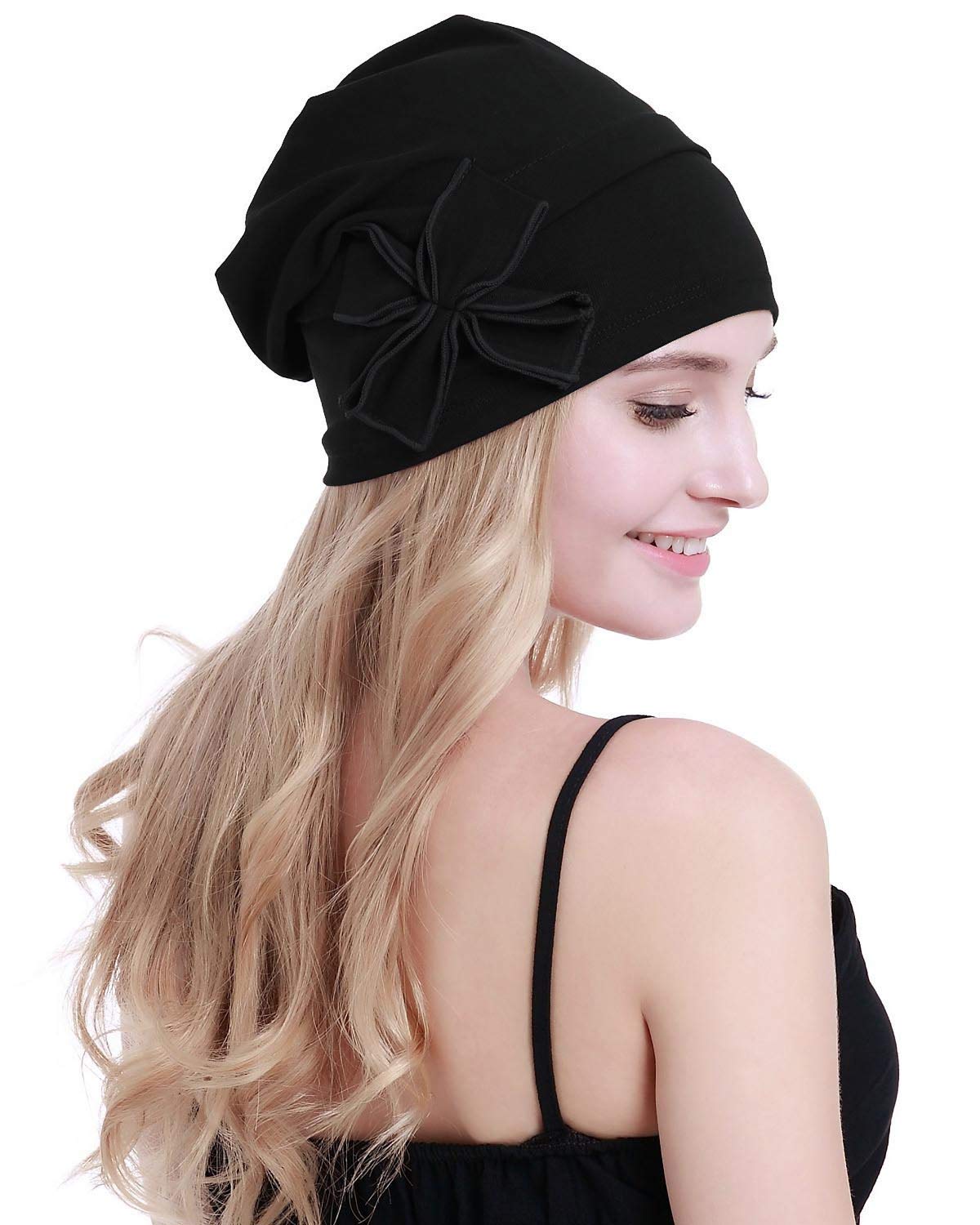 osvyo Cotton Chemo Turbans headwear Beanie Hat Cap for Women Cancer Patient Hairloss BLACK