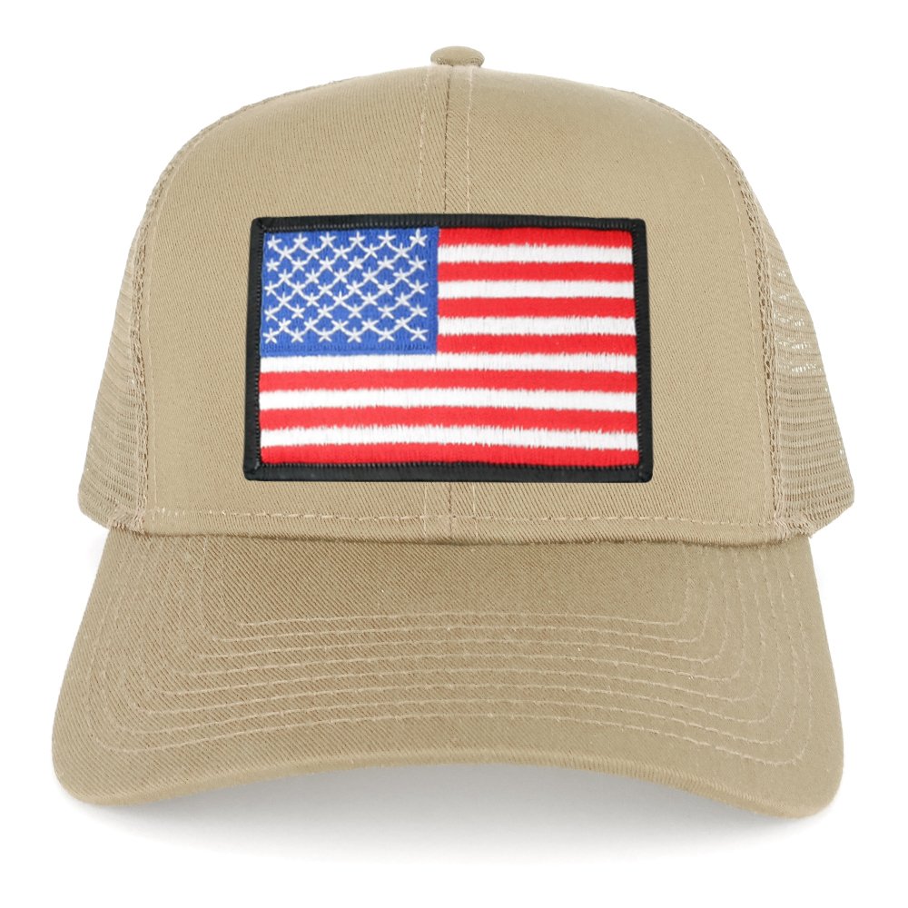 Armycrew XXL Oversize White Black Border USA Flag Patch Mesh Back Trucker Baseball Cap - Khaki