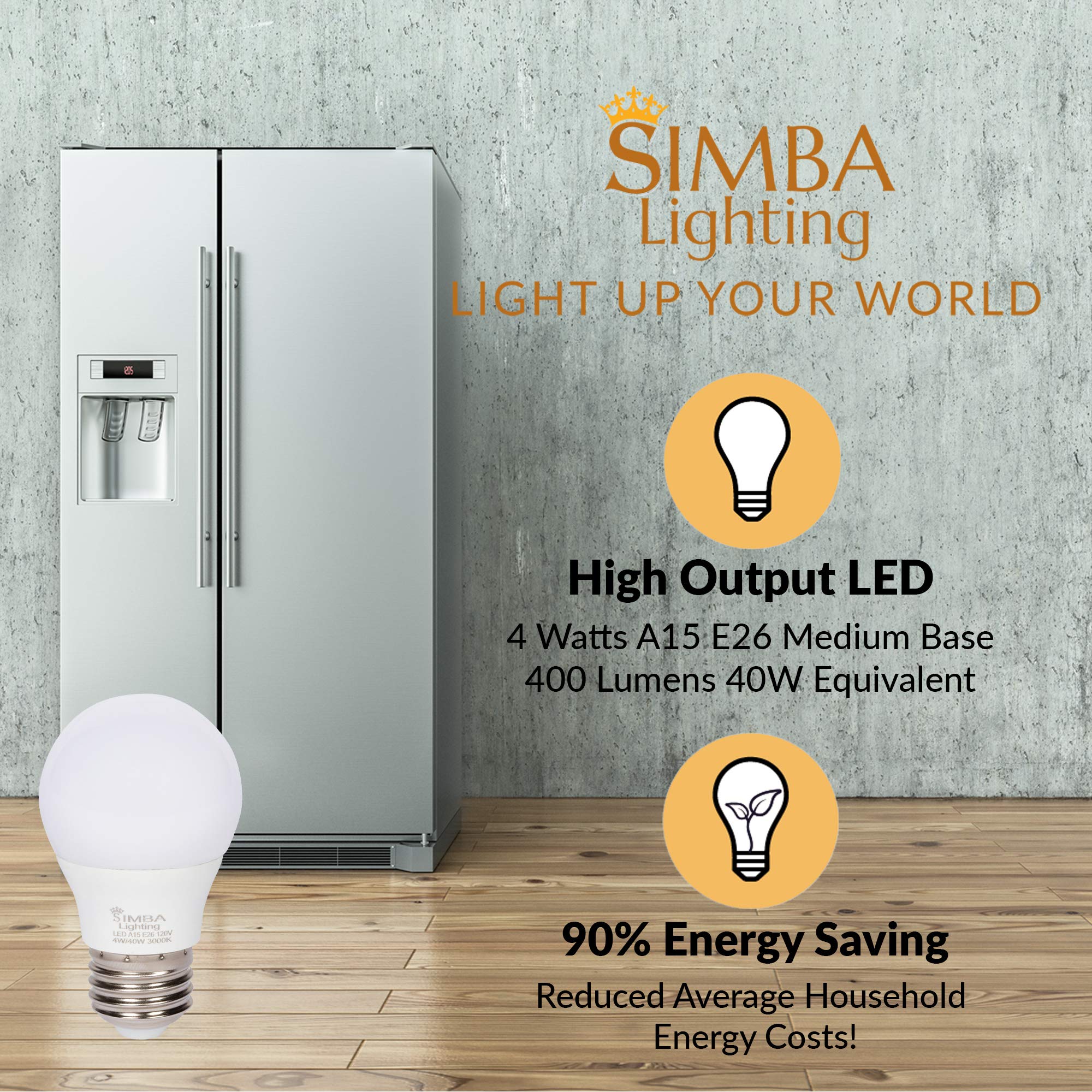 Simba Lighting LED A15 Refrigerator Light Bulbs (6-Pack) 4W 40W Replacement Small for Appliances, Freezers, Ceiling Fans, 120V, E26 Standard Medium Base, Frosted Cover, Not Dimmable, 3000K Soft White