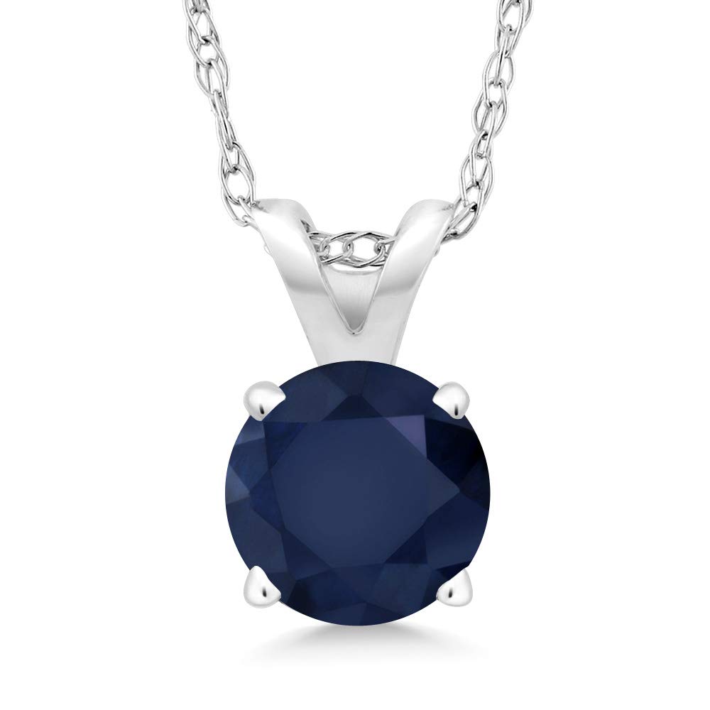 Gem Stone King 14K White Gold Blue Sapphire Pendant Necklace For Women (1.00 Ct Round 6MM, Gemstone Birthstone with 18 Inch Chain)