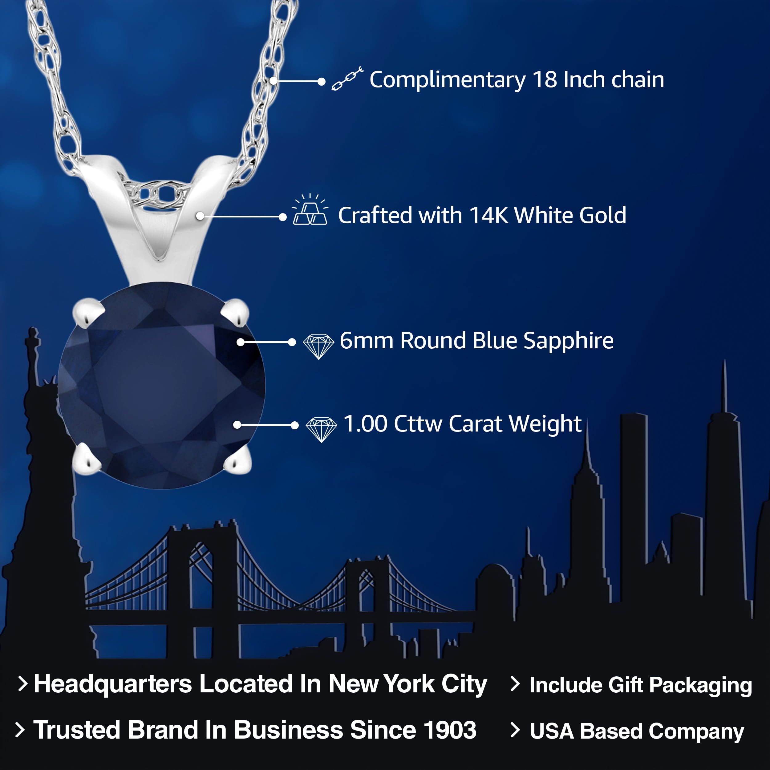 Gem Stone King 14K White Gold Blue Sapphire Pendant Necklace For Women (1.00 Ct Round 6MM, Gemstone Birthstone with 18 Inch Chain)