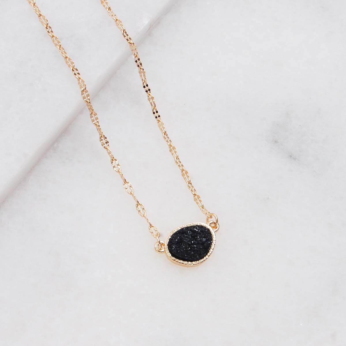 Humble Chic Simulated Druzy Delicate Necklace for Women - Boho Dainty Chain-Link Simple Pendant - Bohemian Sparkly Created Geode Charm, Gold - Black Stone