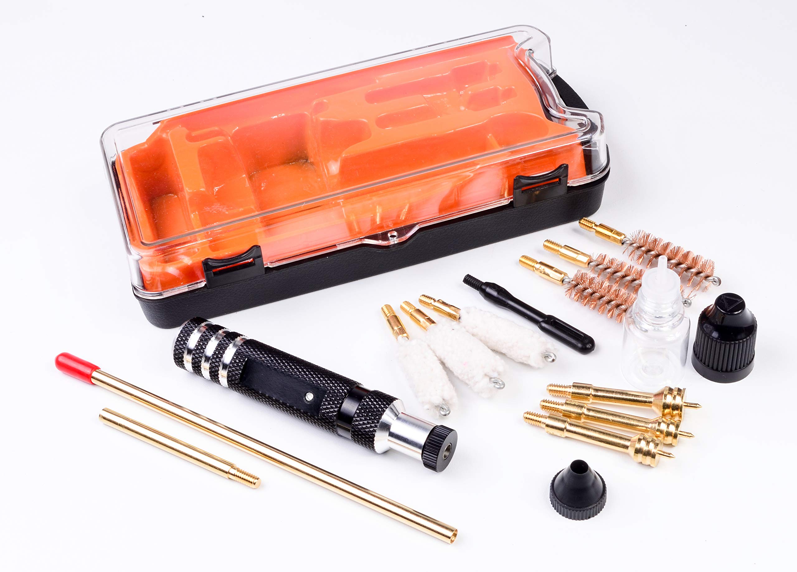 Portable Multi-Caliber Hard Case Pistol Hand Gun Service Cleaning Brush Kit 9mm .380 357 Magnum .38 Special .40 S&W, 45ACP .45Auto Professional Grade Brass Rod Brush Jag Free Rotating Handle