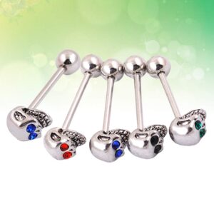 Skeleton Tongue Bar Barbell Piercing Rings Body Retainer Skull Stainless Steel Crystal Jewelry Multi Color 5pcs