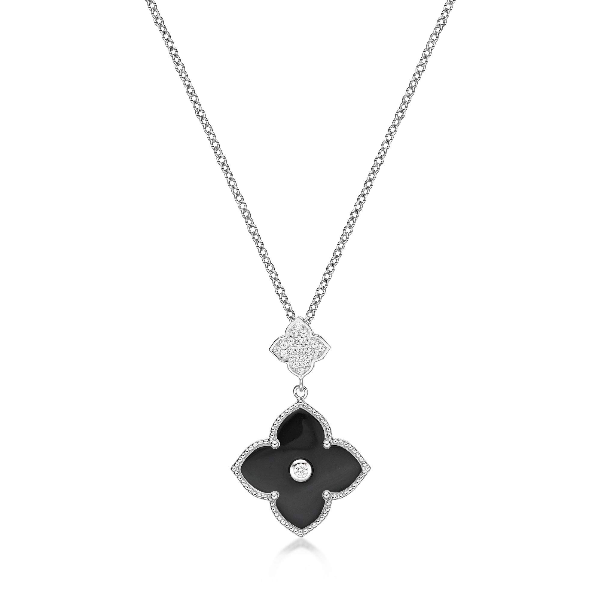 Black Onyx and Cubic Zirconia Double Flower Pendant Necklace for Women in 925 Sterling Silver 16 to 18 Inches Adjustable Spring Ring by Lavari Jewelers