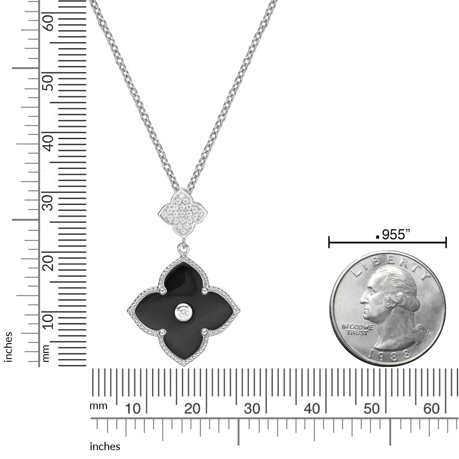 Black Onyx and Cubic Zirconia Double Flower Pendant Necklace for Women in 925 Sterling Silver 16 to 18 Inches Adjustable Spring Ring by Lavari Jewelers