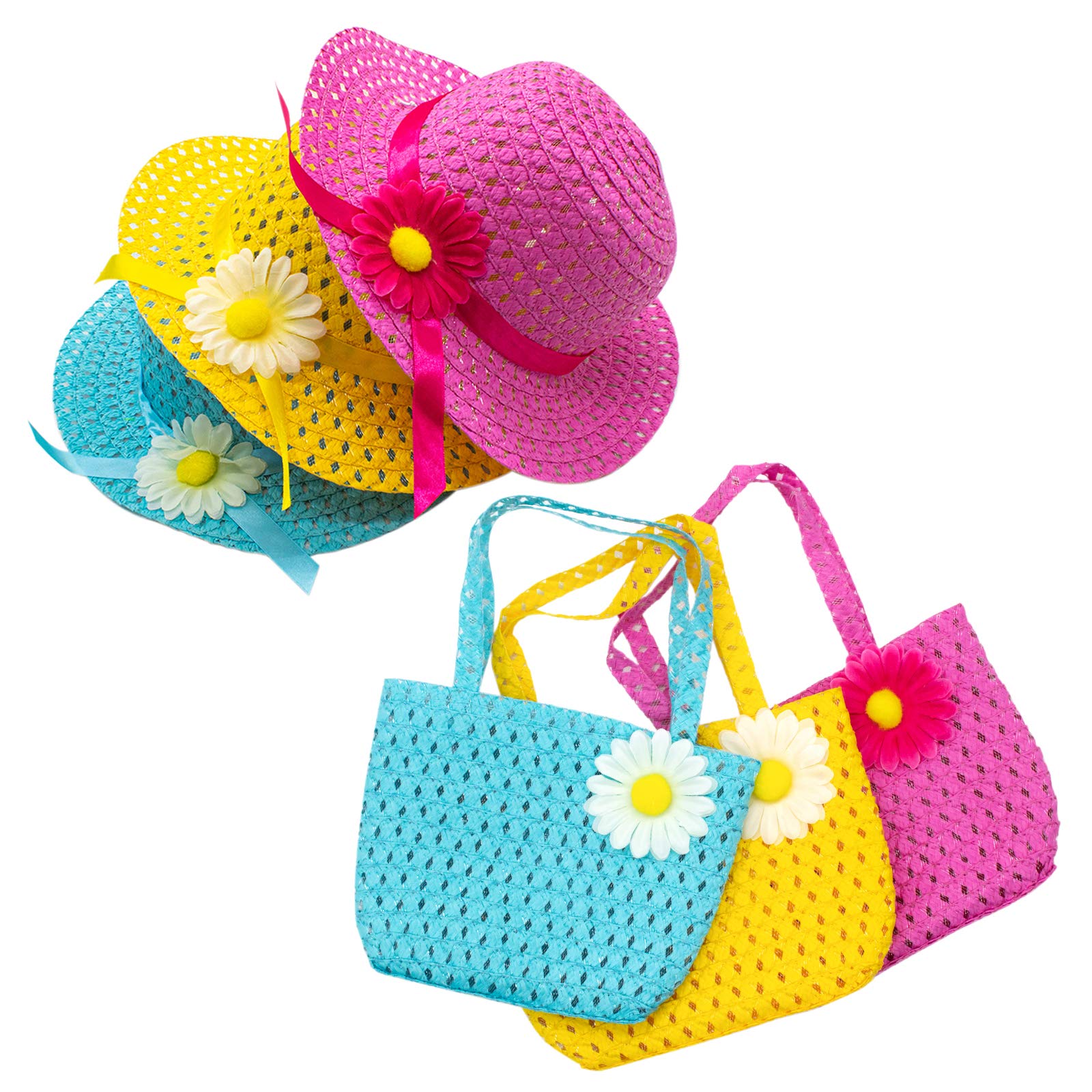 AUEAR, 3 Set Girls Straw Hat and Purse Set Tea Party Summer Beach Sunflower Daisy Flower Sunhats Blue Yellow Pink