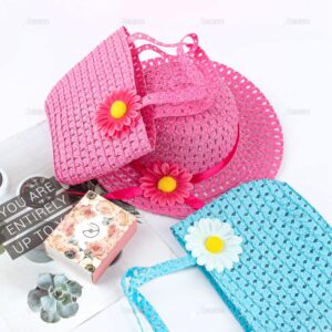 AUEAR, 3 Set Girls Straw Hat and Purse Set Tea Party Summer Beach Sunflower Daisy Flower Sunhats Blue Yellow Pink