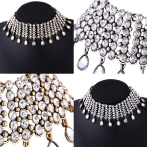 Joygulls Sexy Shining Crystal Full Rhinestone Choker Necklace Water Drop Pendant Necklace Statement Necklaces Wide Collar Necklaces for Lady Party Jewelry (Silver)