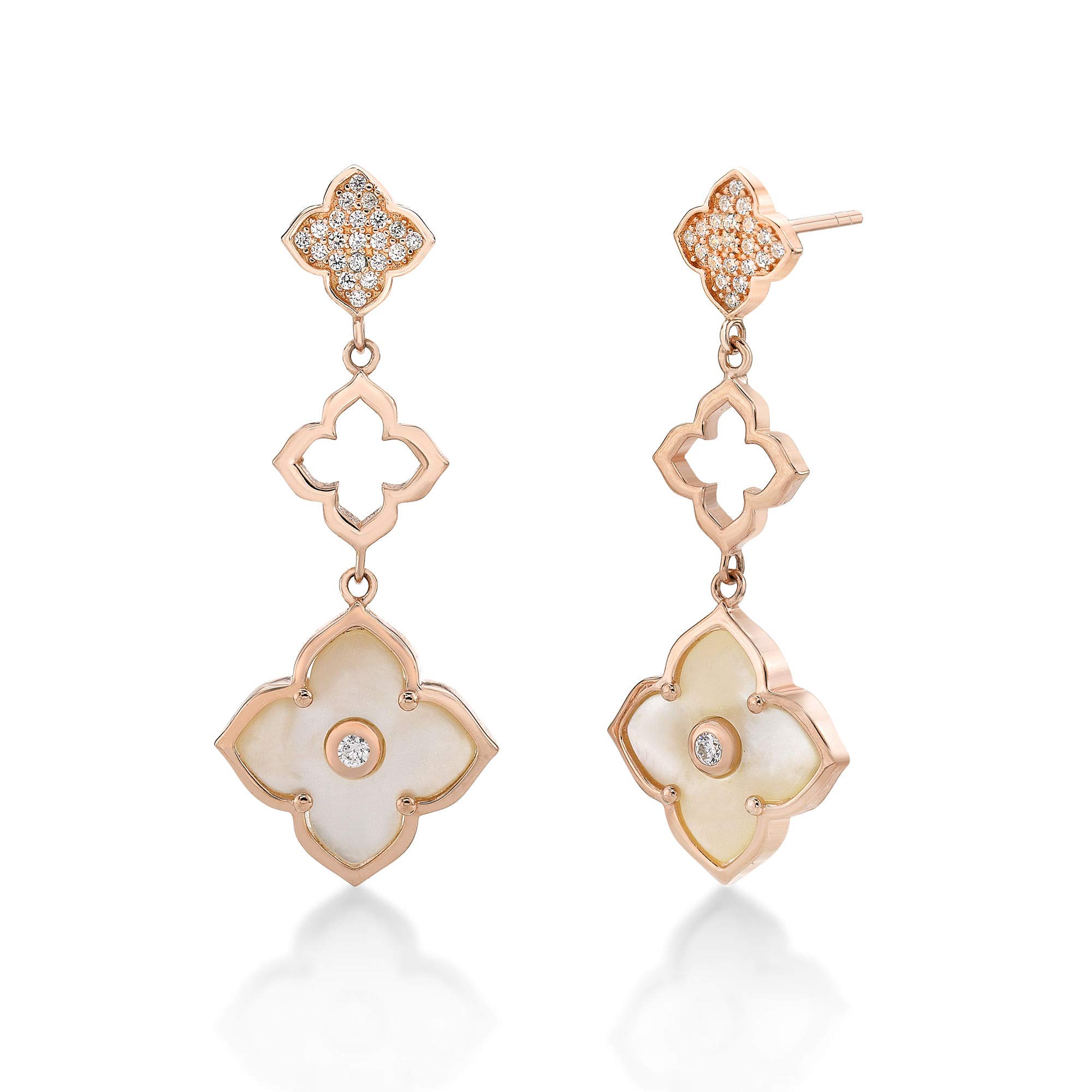 Mother of Pearl and Cubic Zirconia Three Flower Drop Dangle Earrings for Women I Rose Gold Plated 925 Sterling Silver Earrings for Her I Push Back Earrings by Lavari Jewelers