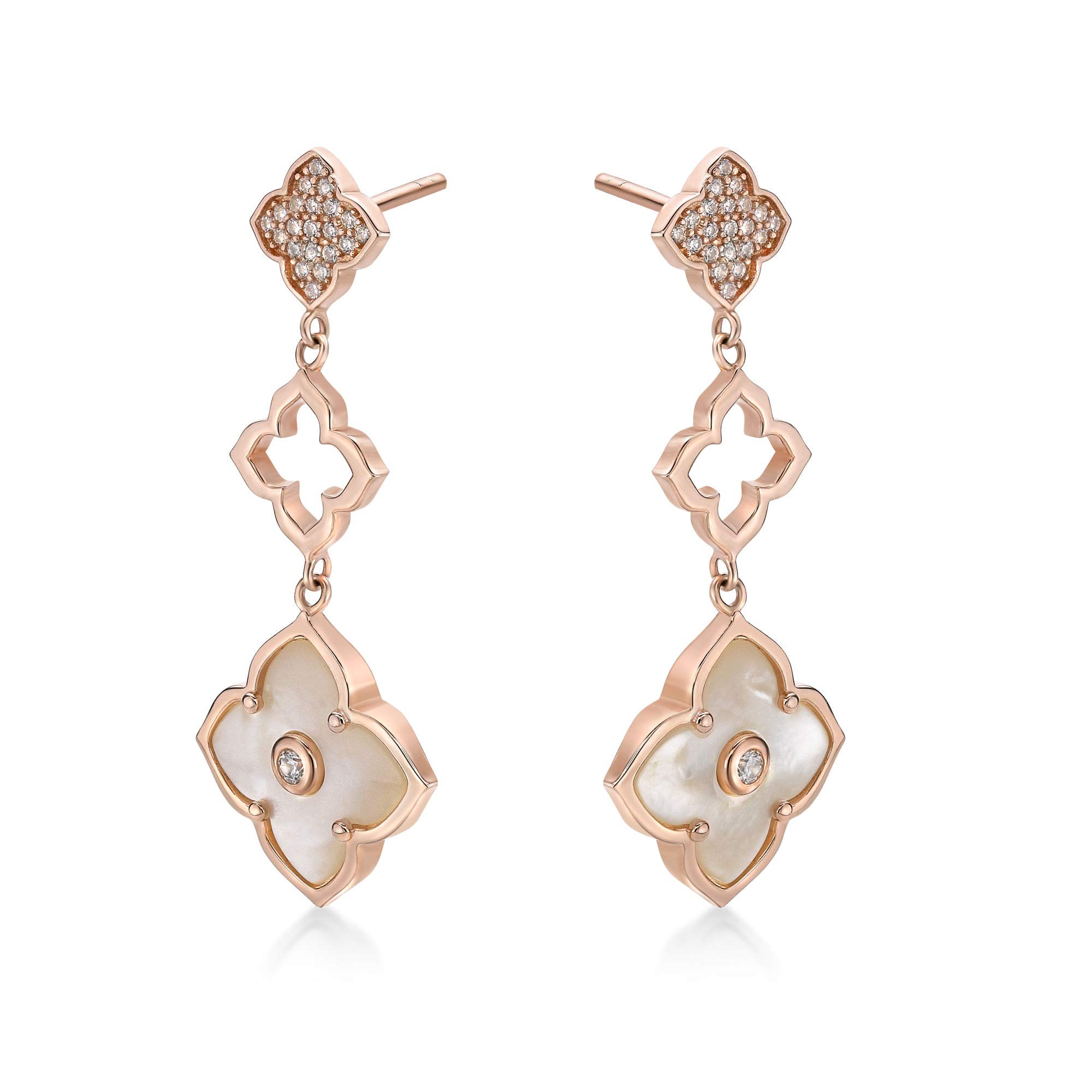 Mother of Pearl and Cubic Zirconia Three Flower Drop Dangle Earrings for Women I Rose Gold Plated 925 Sterling Silver Earrings for Her I Push Back Earrings by Lavari Jewelers