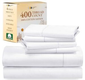 california design den 6-pc queen size sheet set with 4 pillowcases - 400 thread count 100% cotton sheets, cooling sateen weave, luxury deep pocket bedsheets set - bright white