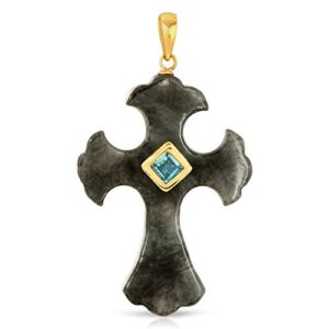 Regalia by Ulti Ramos 14K Yellow Gold Genuine Jade Hand Carved Cross Pendant with Gemstone Pendant Only (Carcoal Jade)