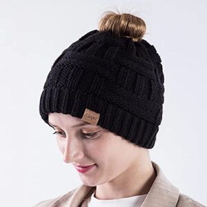 Alepo Womens High Messy Bun Beanie Hat with Ponytail Hole, Winter Warm Trendy Knit Ski Skull Cap (Black)