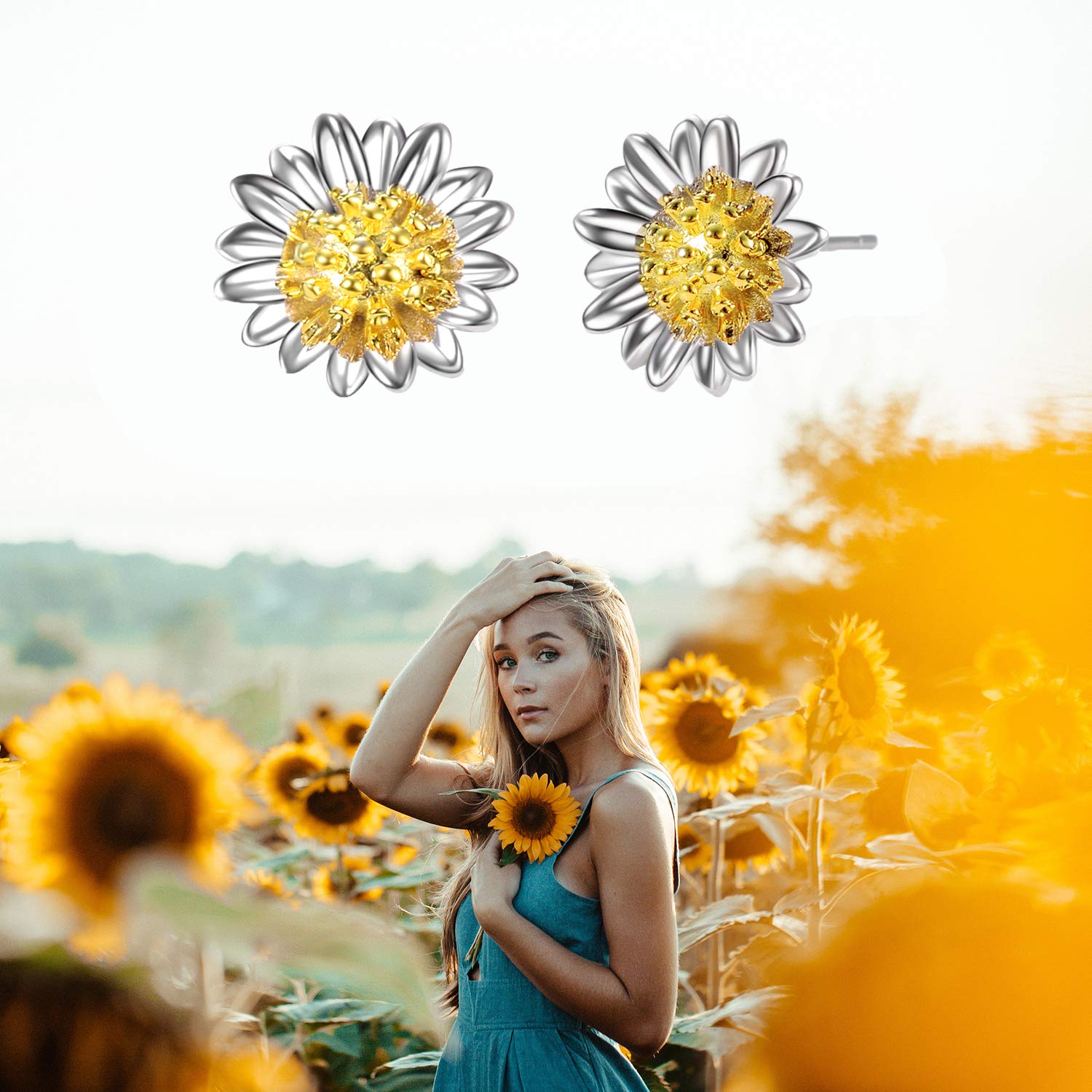 925 Sterling Silver Sunflower Earrings Stud You are My Sunshine Jewelry Gifts for Women Mom (Gold)