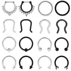 ruifan 16pcs 16g stainless steel septum clicker ring piercing nose rings hoop tragus cartilage retainer body piercing jewelry clear cz silver and black