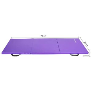 Signature Fitness Three Fold Folding Exercise Mat with Carrying Handles for MMA, Gymnastics and Home Gym Protective Flooring, 1.5-Inch Thick, Purple