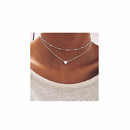 Aluinn Love Heart Layered Choker Necklace Silver Simple Beads Pendant Necklace Simple Chain jewelry for Women