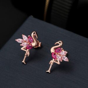 Pink Flamingo Bird Shape Stud Earrings for Women by Ginger Lyne Rose Over Sterling Silver Pink Cubic Zirconia Vacation Travel Jewelry