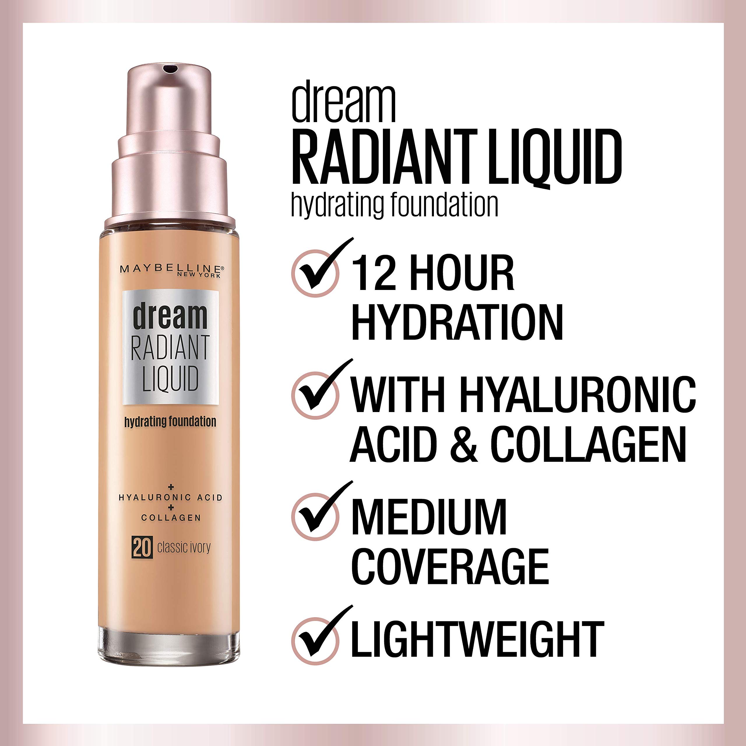 Maybelline Dream Radiant Liquid Medium Coverage Hydrating Makeup, Lightweight Liquid Foundation, Nude Beige, 1 Count