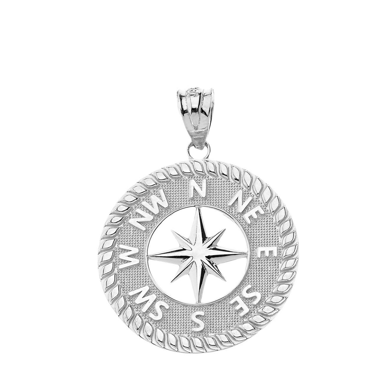 Certified 10k White Gold Round Compass Navigation Starburst Pendant