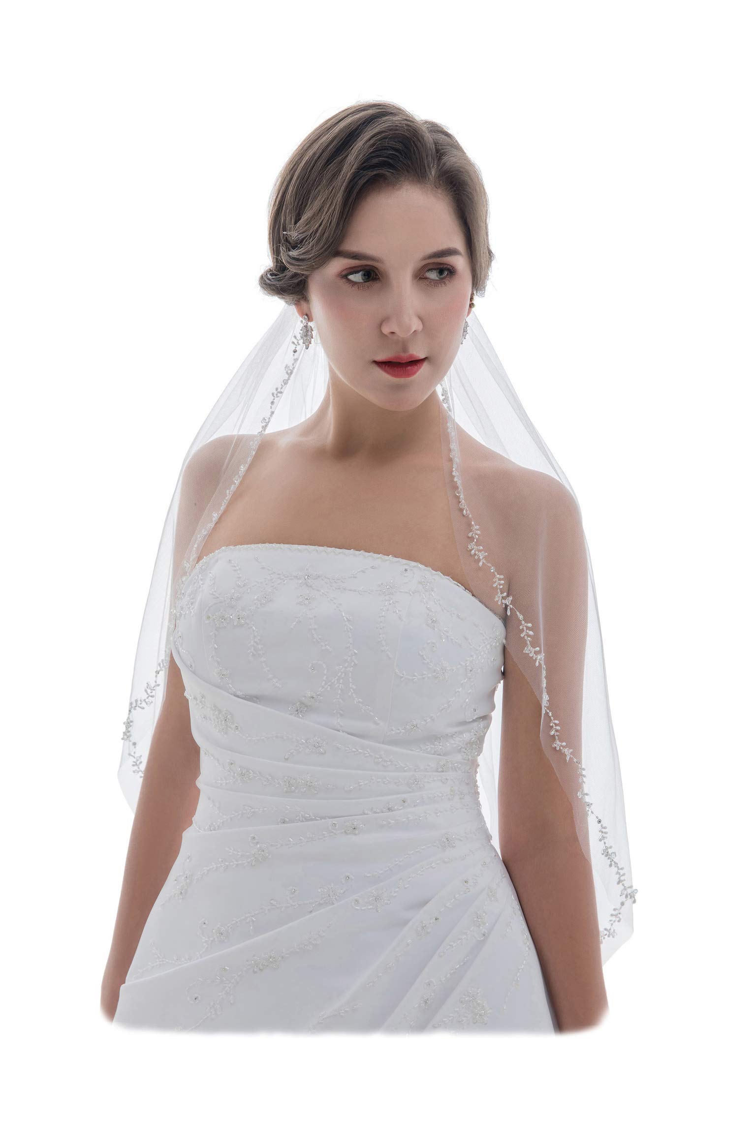 SAMKY 1T 1 Tier Offset Floral Vine Edge Crystal Pearl Veil - Light Ivory Fingertip Length 36" V580