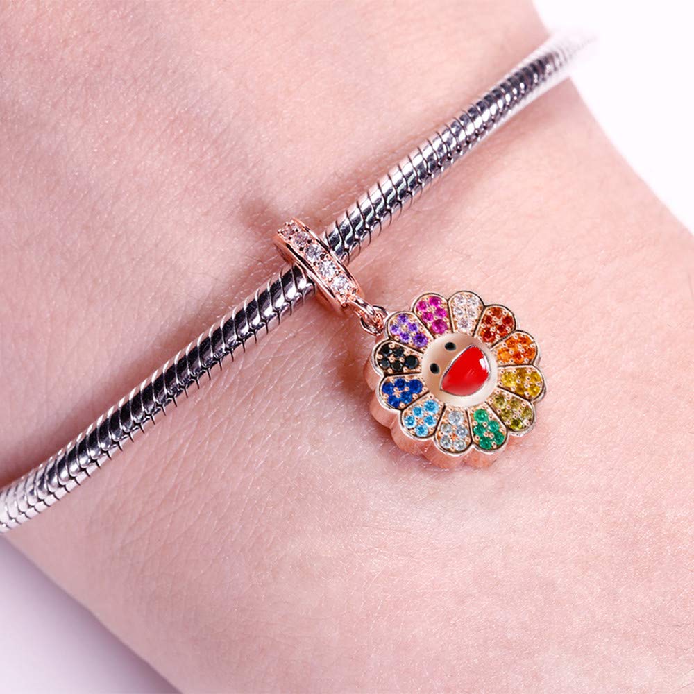 GNOCE Customised Sunflower Charms Pendant Christmas Charms Gifts Sterling Silver Personalized Photo Charm With Colorful Cubic Zirconia fit All Bracelets Necklaces