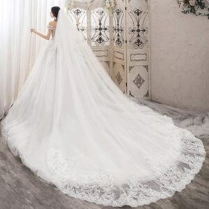 NCDIMS Newdeve Wedding Veils Cathedral Length 2 Tier Long Sequins Lace Edge Blusher with Comb 196" L 118" W