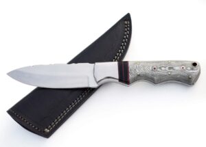 whole earth supply drop point d2 hunting knife with white & gray german micarta skinning custom knives with leather sheath