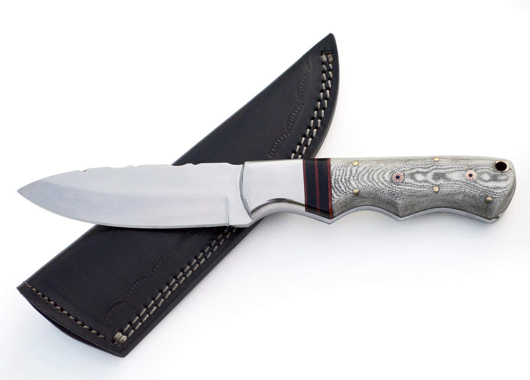 Whole Earth Supply Drop Point D2 Hunting Knife with White & Gray German Micarta Skinning Custom Knives with Leather Sheath