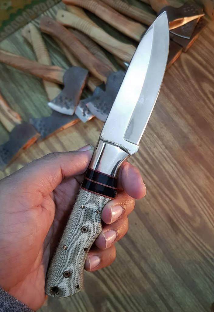 Whole Earth Supply Drop Point D2 Hunting Knife with White & Gray German Micarta Skinning Custom Knives with Leather Sheath