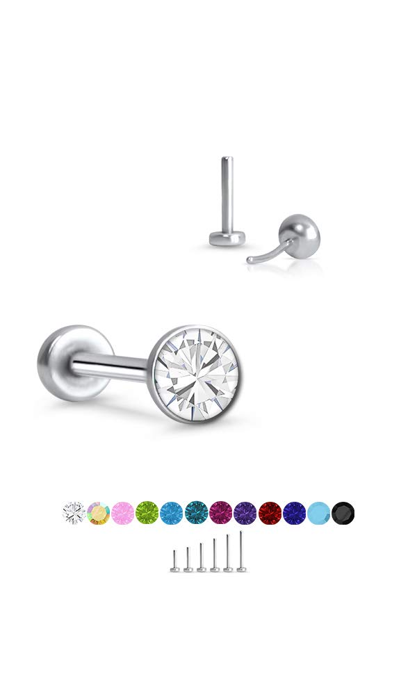 316 Stainless Steel Threadless Push Pin Nose Ring Labret Monroe Stud 2.5mm Glued Black CZ 20G