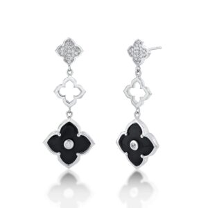 Black Onyx and Cubic Zirconia Three Flower Drop Dangle Earrings for Women I 925 Sterling Silver Earrings for Her I Push Back Earrings by Lavari Jewelers