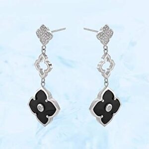 Black Onyx and Cubic Zirconia Three Flower Drop Dangle Earrings for Women I 925 Sterling Silver Earrings for Her I Push Back Earrings by Lavari Jewelers