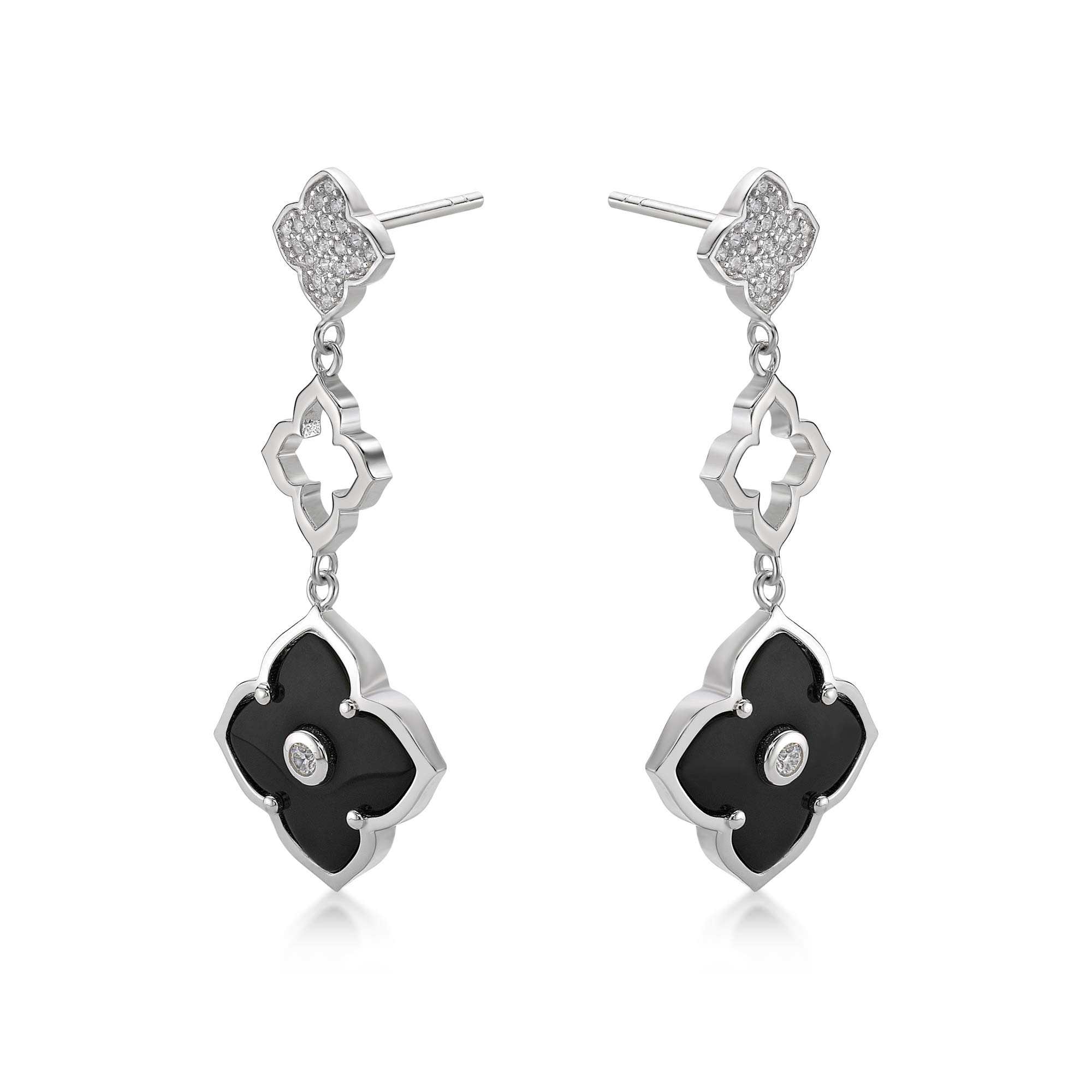 Black Onyx and Cubic Zirconia Three Flower Drop Dangle Earrings for Women I 925 Sterling Silver Earrings for Her I Push Back Earrings by Lavari Jewelers