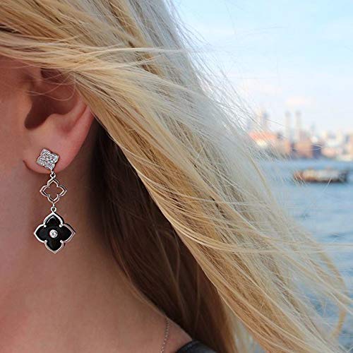 Black Onyx and Cubic Zirconia Three Flower Drop Dangle Earrings for Women I 925 Sterling Silver Earrings for Her I Push Back Earrings by Lavari Jewelers